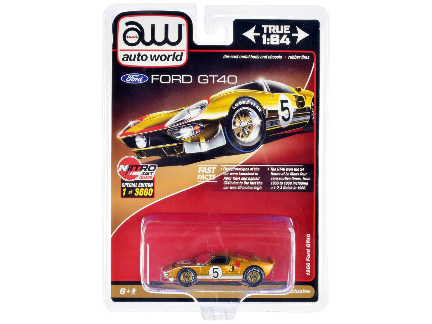 1966 Ford GT40 RHD (Right Hand Drive) #5 Gold with Graphics Limited Edition to 3600 pieces Worldwide 1/64 Diecast Model Car by Auto World free shipping USA