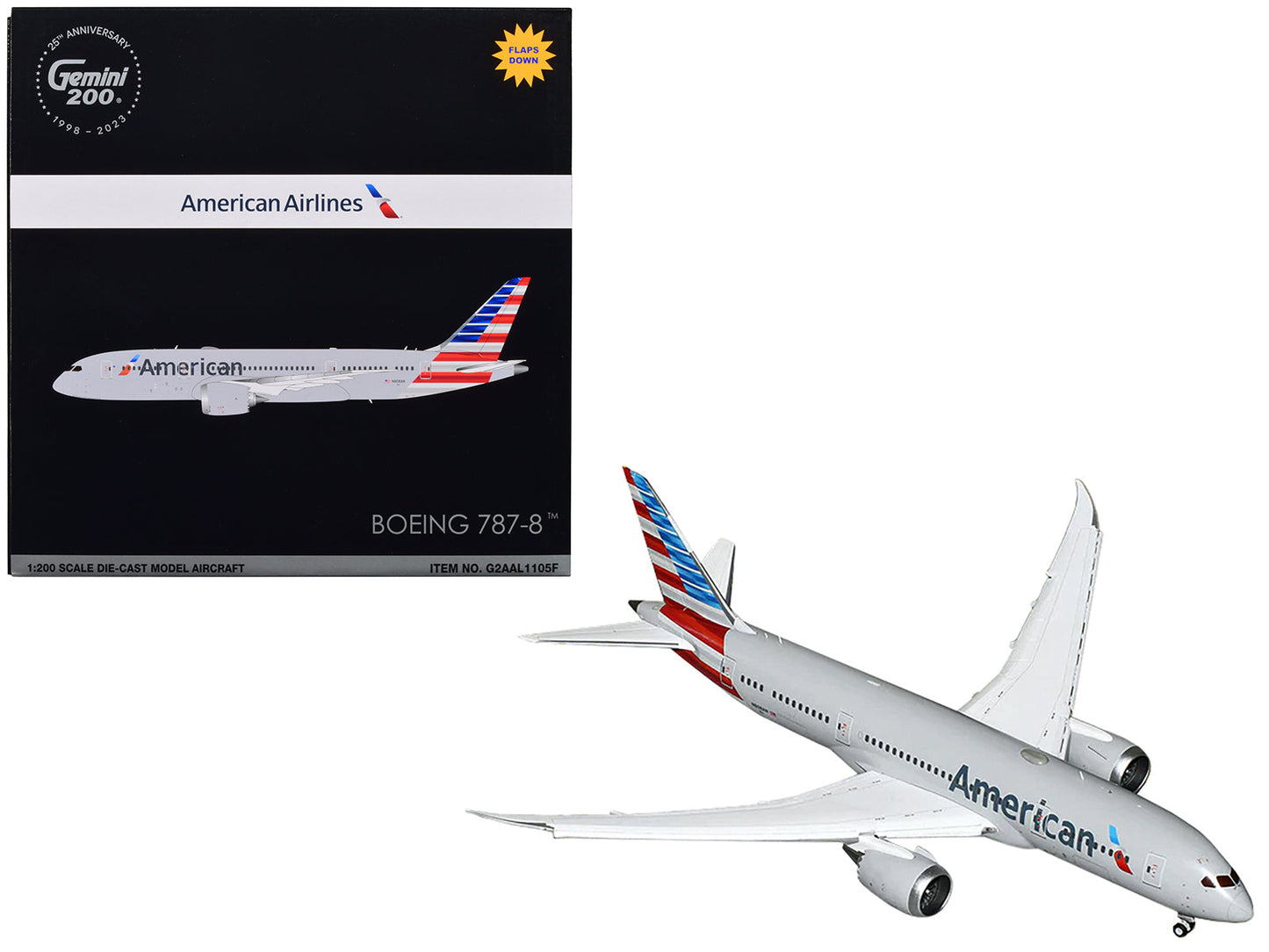 Boeing 787-8 Commercial Aircraft with Flaps Down "American Airlines" Gray with Tail Stripes "Gemini 200" Series 1/200 Diecast Model Airplane by GeminiJets free shipping USA