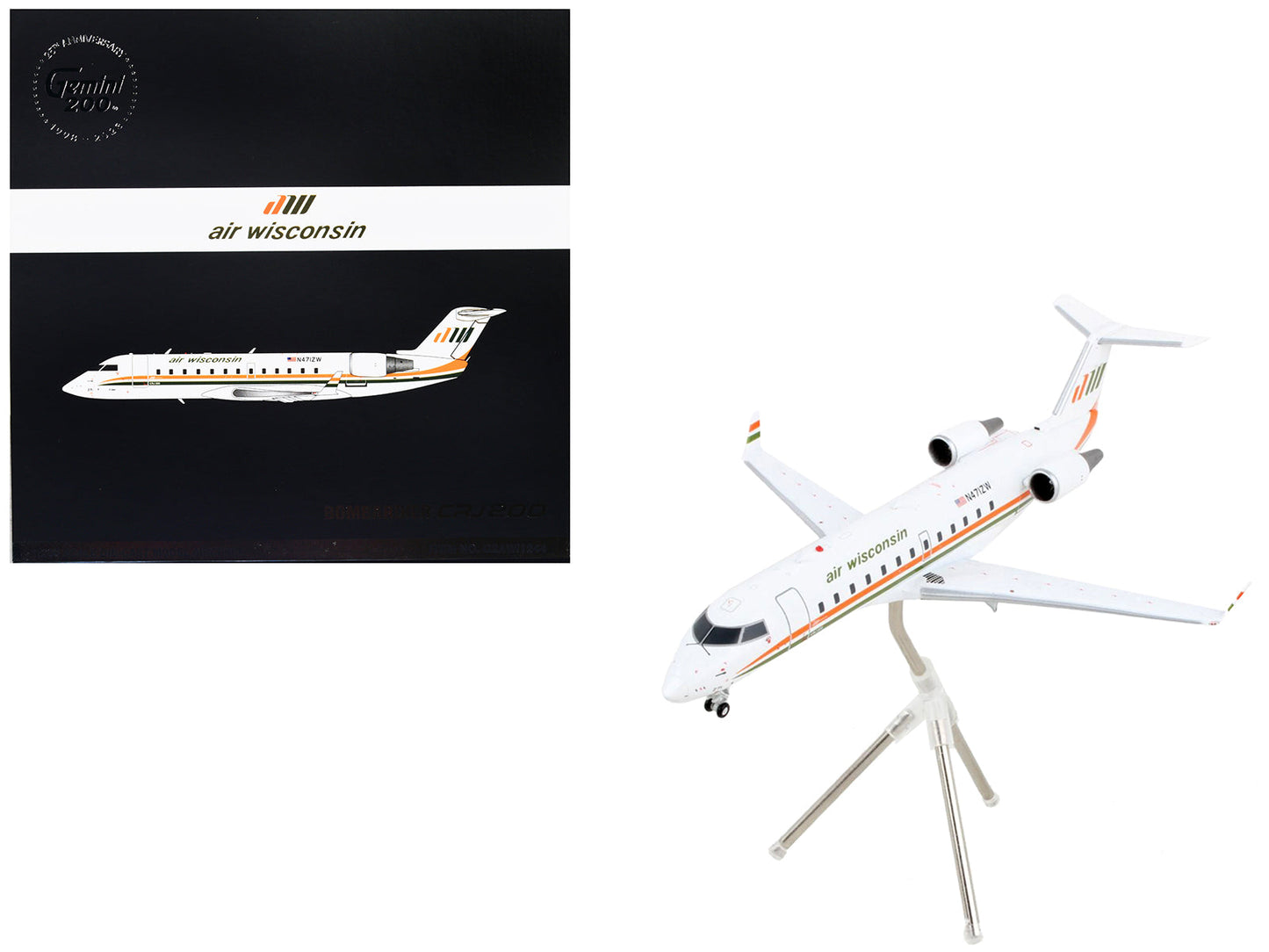 Bombardier CRJ200 Commercial Aircraft "Air Wisconsin" White with Orange and Green Stripes "Gemini 200" Series 1/200 Diecast Model Airplane by GeminiJets free shipping USA