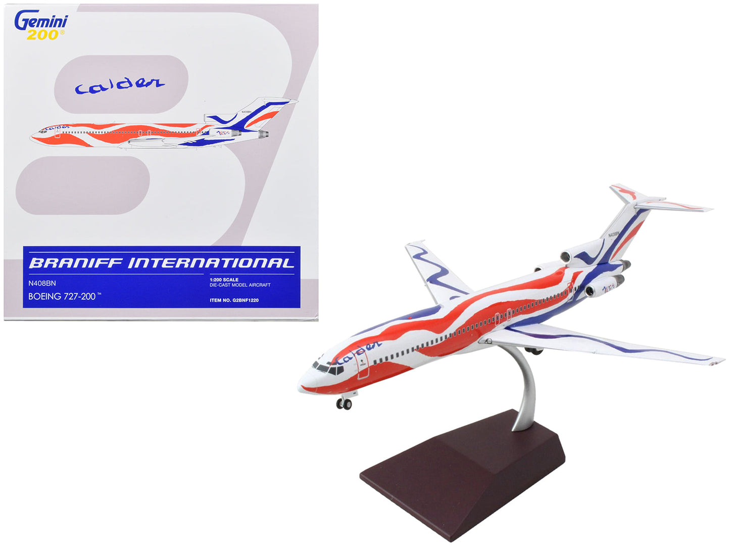 Boeing 727-200 Commercial Aircraft "Braniff International Airways - Calder Bicentennial Livery" White with Red and Blue Stripes "Gemini 200" Series 1/200 Diecast Model Airplane by GeminiJets free shipping USA