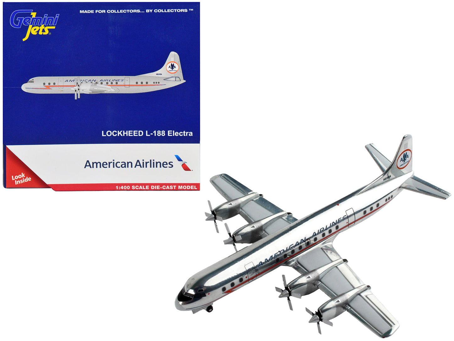 Lockheed L-188 Electra Commercial Aircraft "American Airlines" Silver with Red Stripes 1/400 Diecast Model Airplane by GeminiJets free shipping USA