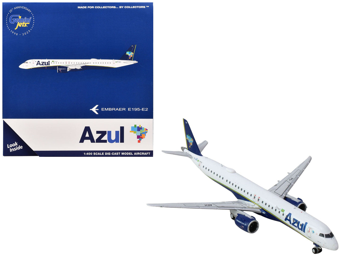 Embraer E195-E2 Commercial Aircraft "Azul Brazilian Airlines" (PS-AEH) White with Blue Tail 1/400 Diecast Model Airplane by GeminiJets free shipping USA