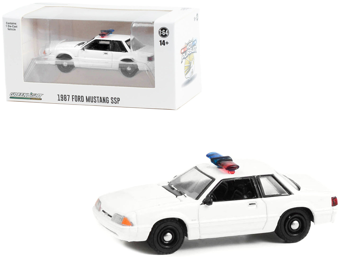 1987-1993 Ford Mustang SSP White Police Car with Light Bar "Hot Pursuit" "Hobby Exclusive" Series 1/64 Diecast Model Car by Greenlight free shipping USA