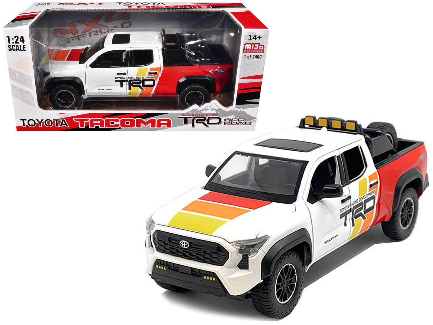 2024 Toyota Tacoma TRD Off Road Edition Pickup Truck White and Red with TRD Stripes with Sunroof and Wheel Rack Limited Edition to 2400 pieces Worldwide 1/24 Diecast Model Car free shipping USA