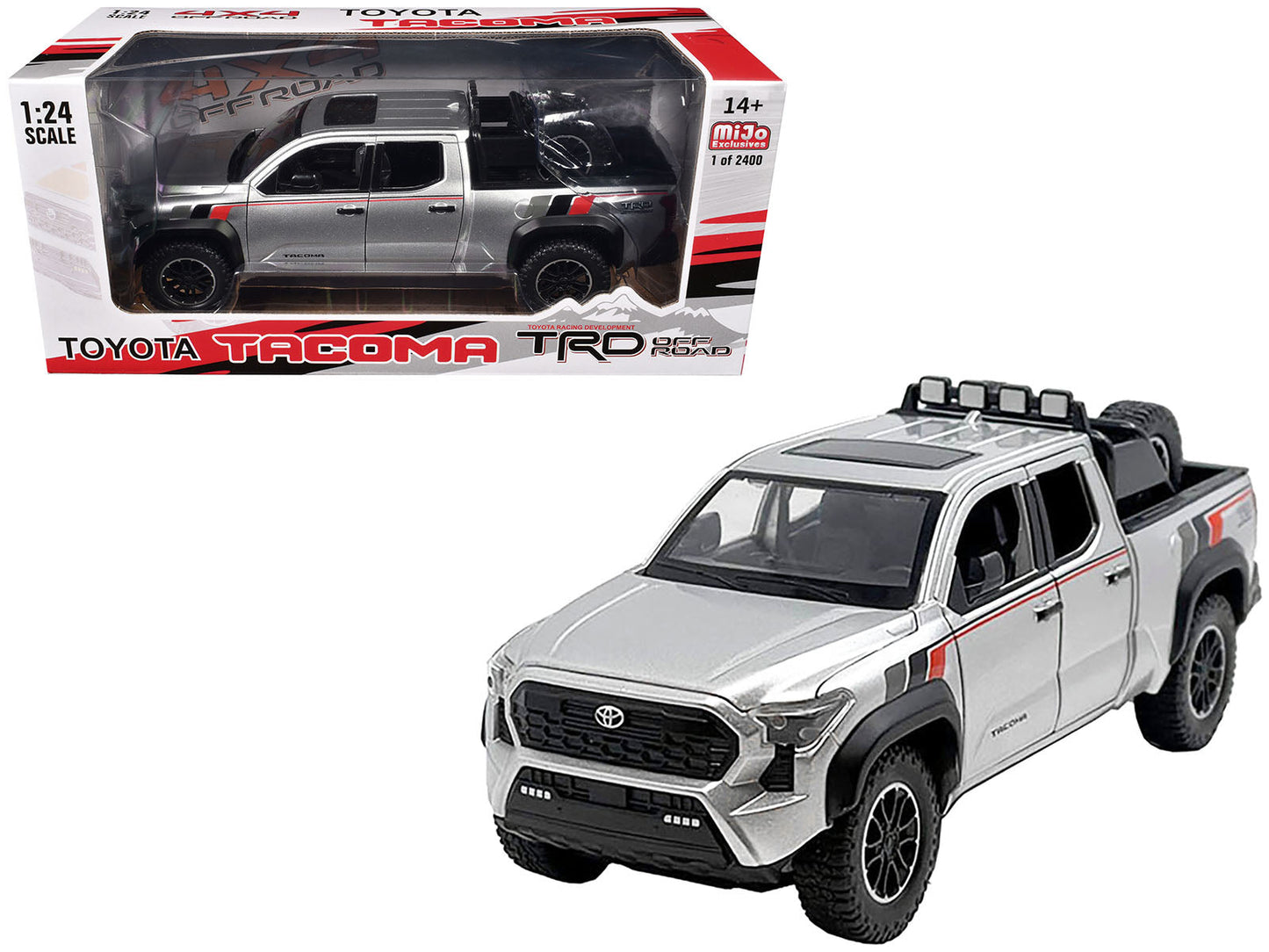 2024 Toyota Tacoma TRD Off Road Edition Pickup Truck Silver Metallic with TRD Stripes with Sunroof and Wheel Rack Limited Edition to 2400 pieces Worldwide 1/24 Diecast Model Car free shipping USA