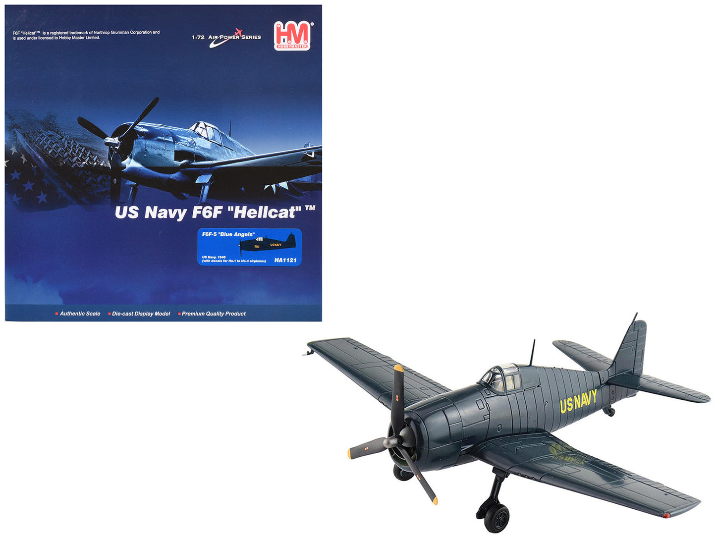 Grumman F6F-5 Hellcat Fighter Aircraft "Blue Angels #1-4 Decals" (1946) United States Navy "Air Power Series" 1/72 Diecast Model by Hobby Master free shipping USA