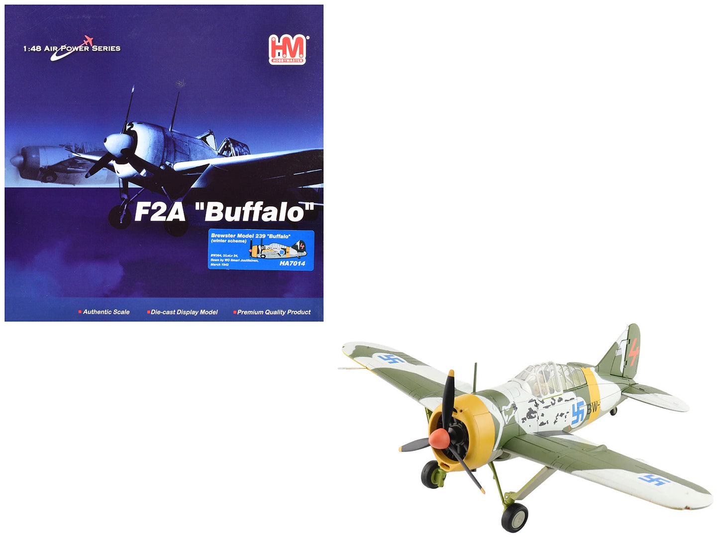 Brewster F2A Model 239 "Buffalo" Fighter Aircraft "BW364 LeLv 24 flown by Warrant Officer Ilmari Juutilainen" (1942) Finnish Air Force "Air Power Series" 1/48 Diecast Model by Hobby Master free shipping USA
