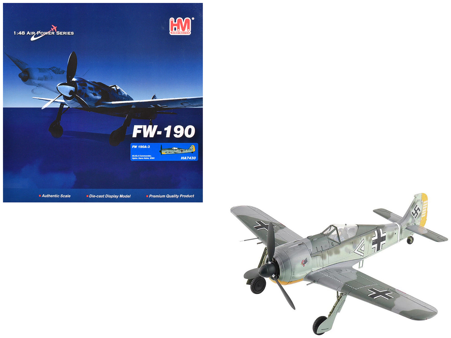 Focke-Wulf FW 190A-3 Fighter Aircraft "III/JG 2 Commander Hptm. Hans Hahn WWII" German Luftwaffe "Air Power Series" 1/48 Diecast Model by Hobby Master free shipping USA