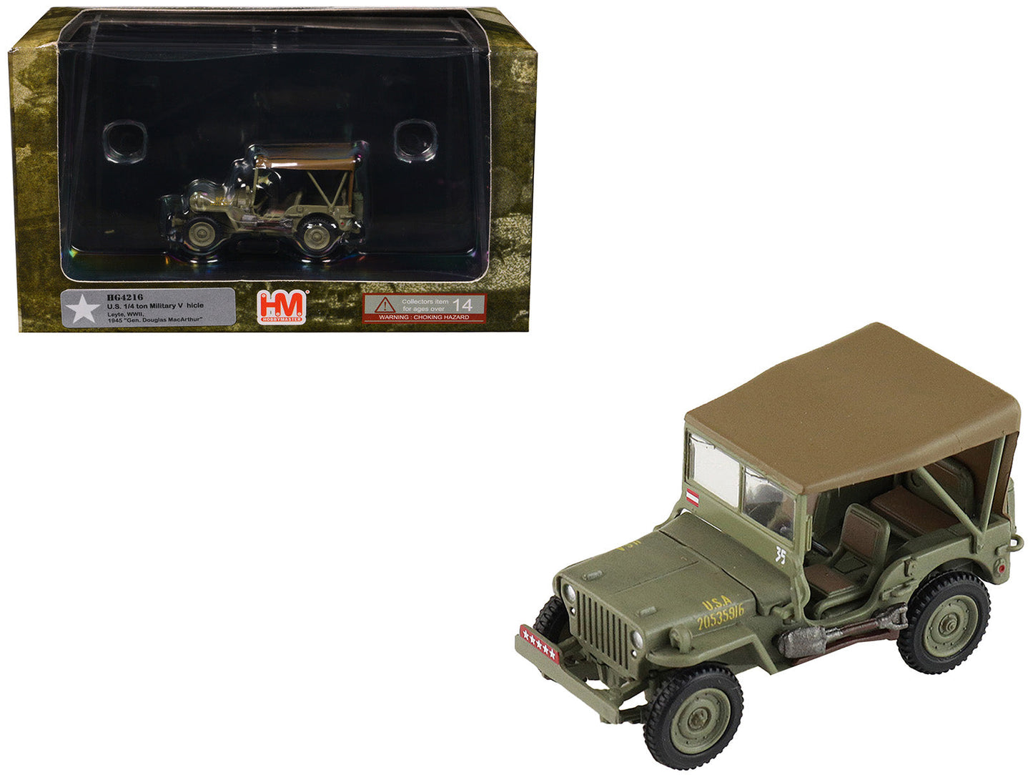 U.S. 1/4 ton Military Vehicle Olive Drab "Gen. Douglas MacArthur Leyte WWII" (1945) United States Army "Ground Power Series" 1/72 Diecast Model by Hobby Master free shipping USA