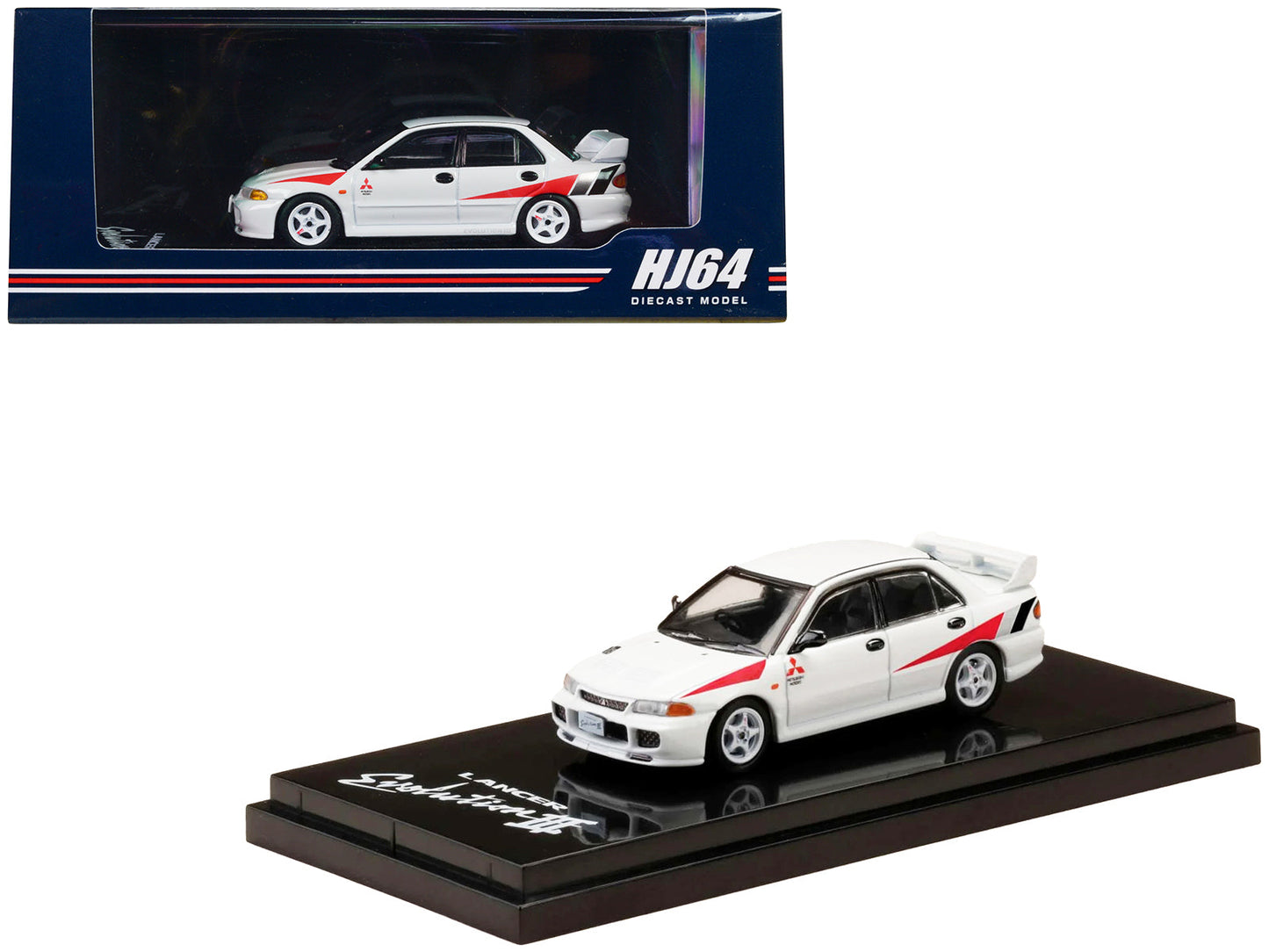 Mitsubishi Lancer RS Evolution III RHD (Right Hand Drive) Scortia White with Red Rally Stripes 1/64 Diecast Model Car by Hobby Japan free shipping USA