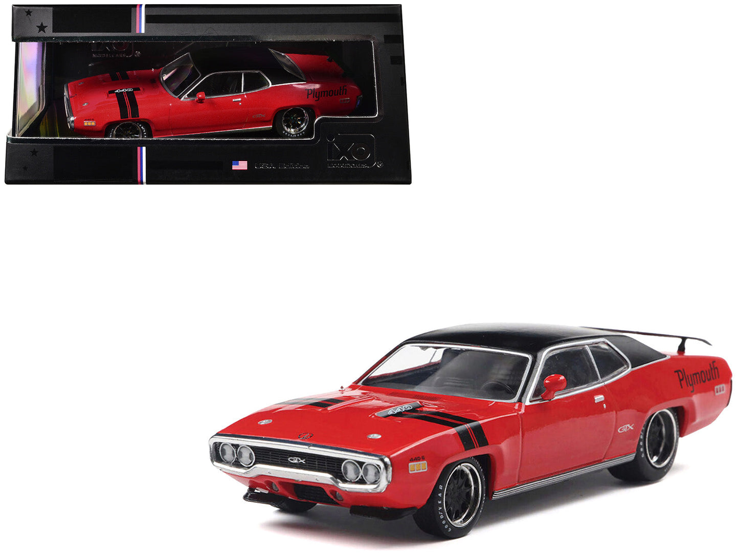 1971 Plymouth GTX Rally Red with Black Top and Stripes 1/43 Diecast Model by IXO Models free shipping USA
