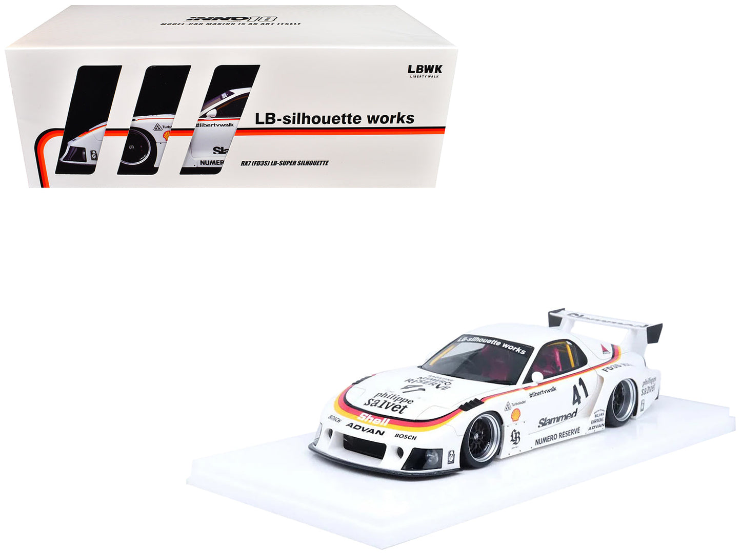 Mazda RX7 (FD3S) LB-Super Silhouette RHD (Right Hand Drive) #41 White with Stripes and Graphics 1/18 Model Car by Inno Models free shipping USA