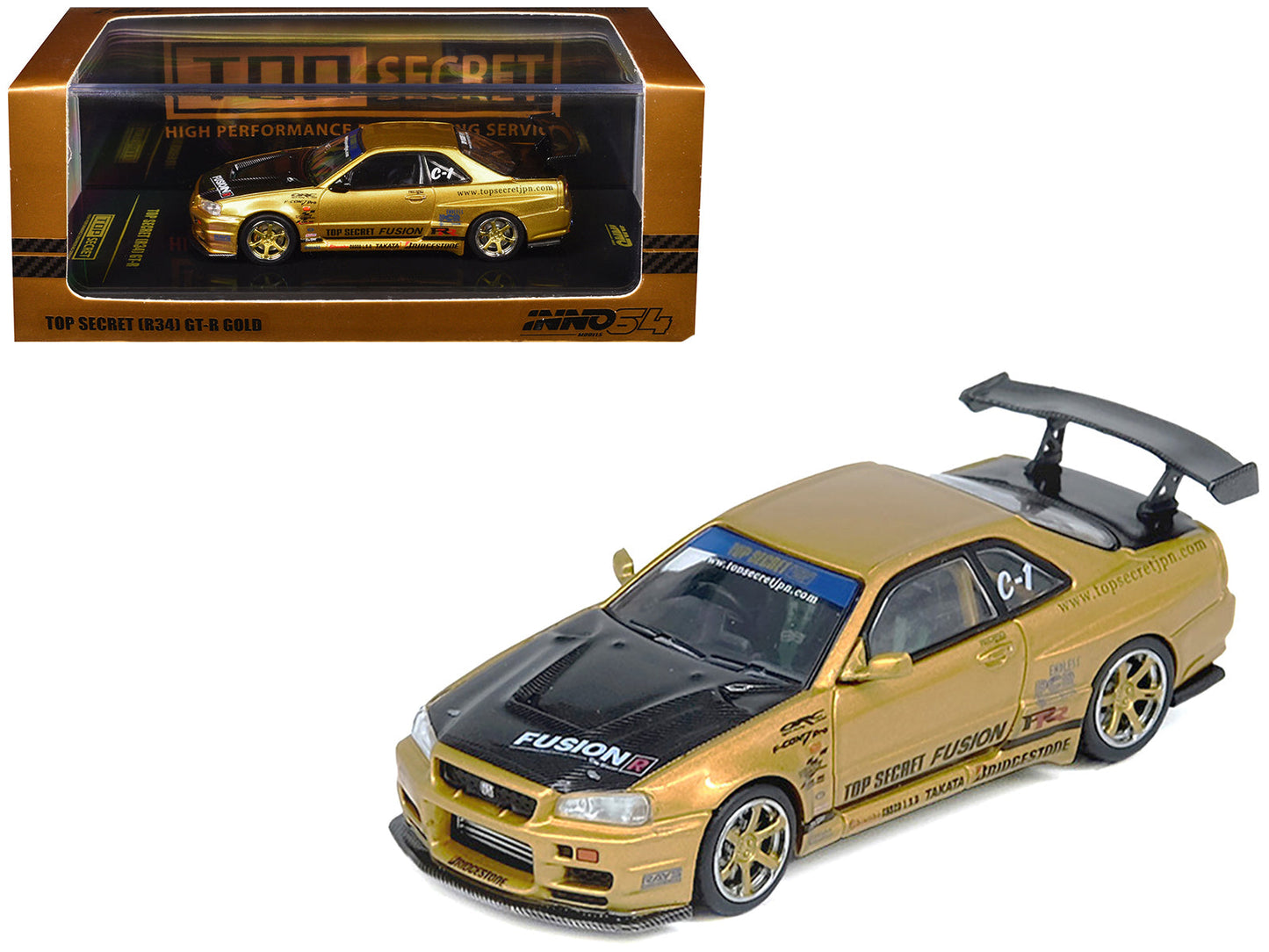 Nissan Skyline GT-R (R34) RHD (Right Hand Drive) "Top Secret" Gold Metallic with Carbon Hood and Trunk 1/64 Diecast Model Car by Inno Models free shipping USA