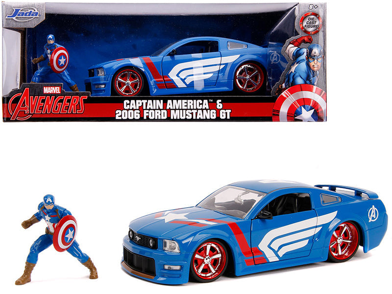 2006 Ford Mustang GT with Captain America Diecast Figurine "Avengers" "Marvel" Series 1/24 Diecast Model Car by Jada free shipping USA