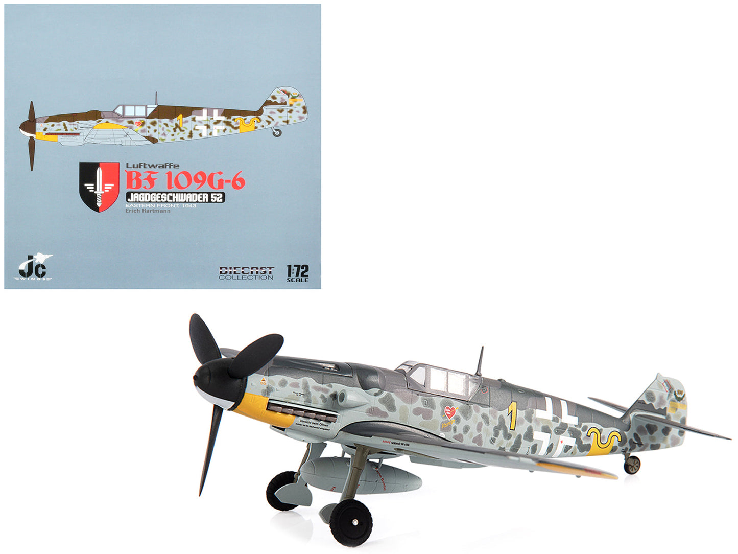 Messerschmitt Luftwaffe BF 109G-6 Fighter Plane "Jagdgeschwader 52 Eastern Front 1943 Erich Hartmann" with Display Stand Limited Edition to 600 pieces Worldwide 1/72 Diecast Model by JC Wings free shipping USA