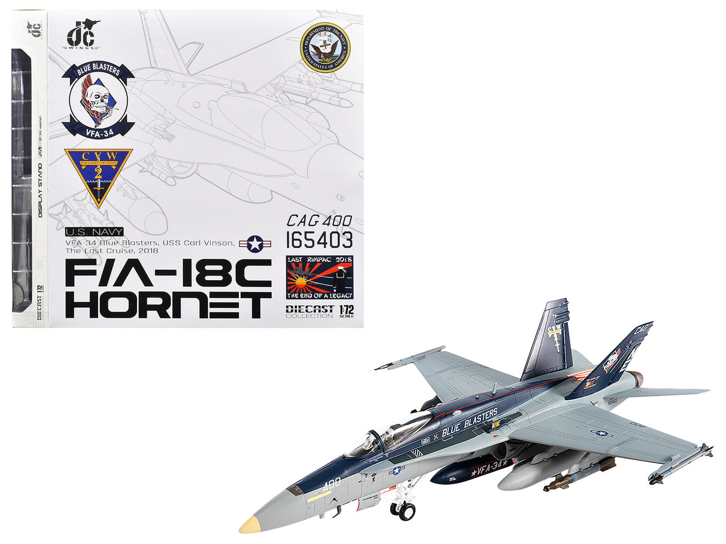 McDonnell Douglas F/A-18C Hornet Aircraft "VFA-34 Blue Blasters USS Carl Vinson Last Cruise" (2018) United States Navy 1/72 Diecast Model by JC Wings free shipping USA