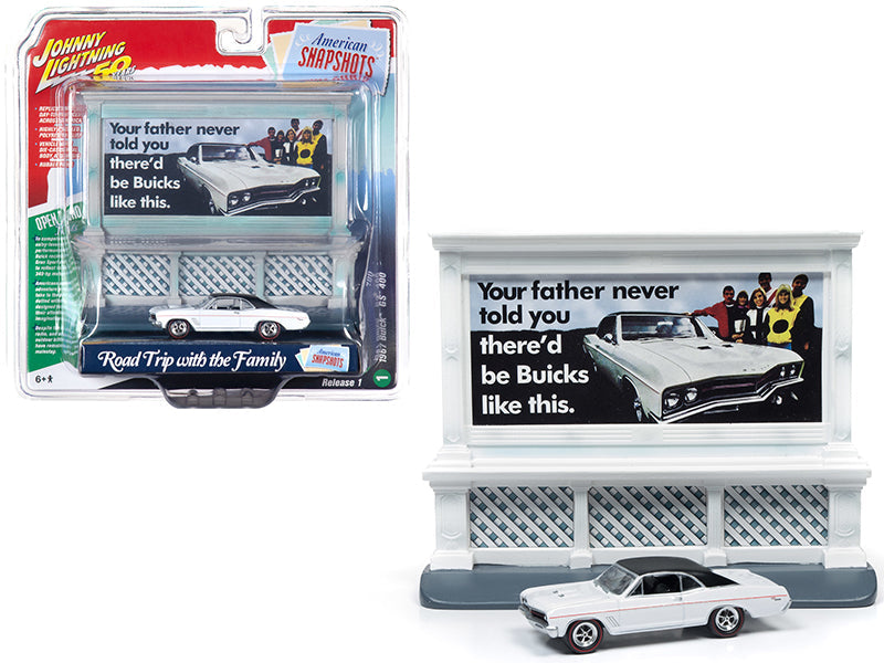 1967 Buick GS 400 White with "Buick" City Billboard "Johnny Lightning 50th Anniversary" 1/64 Diecast Model Car by Johnny Lightning free shipping USA