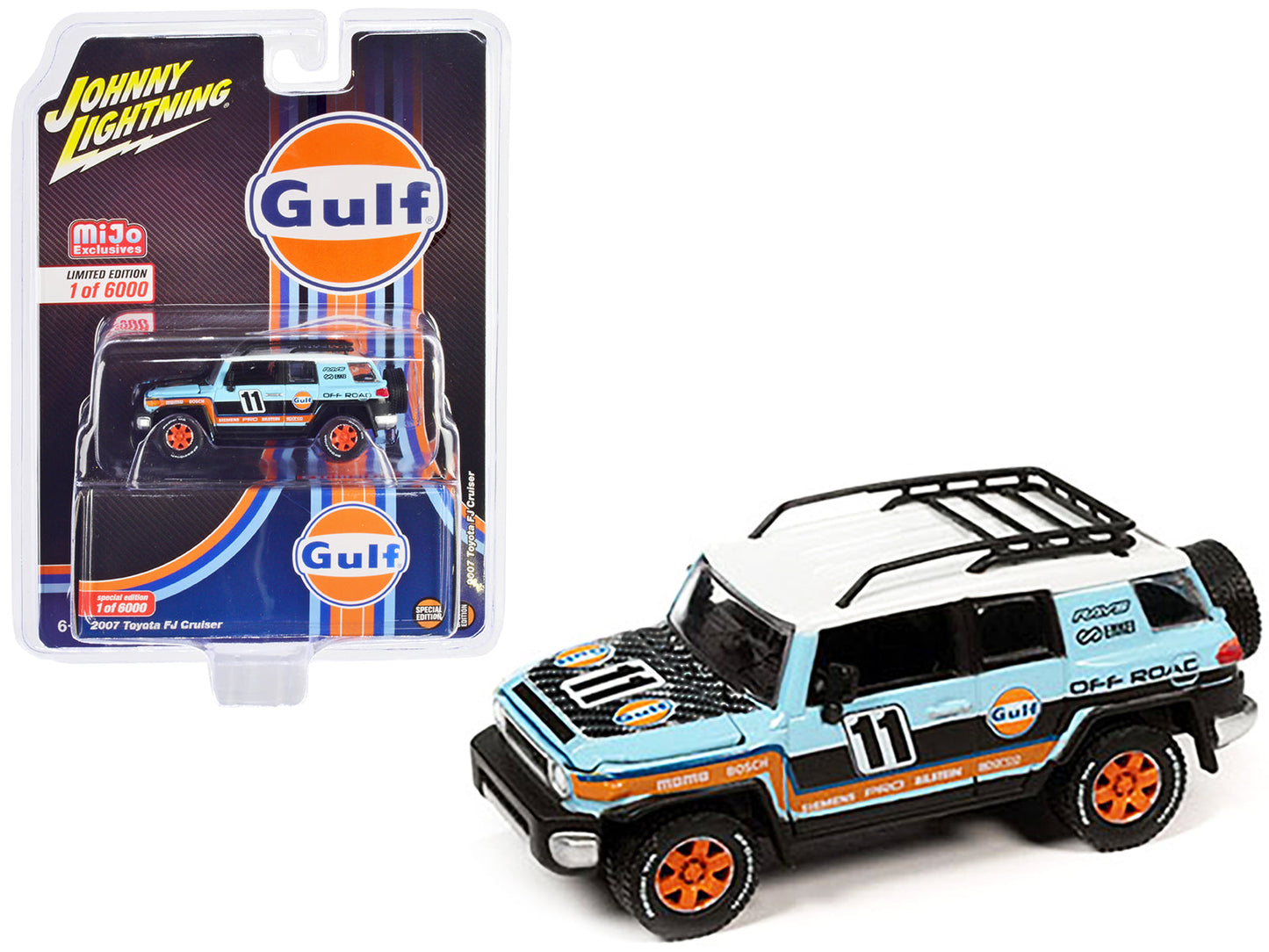 2007 Toyota FJ Cruiser #11 Light Blue "Gulf Oil" with Roofrack Limited Edition to 6000 pieces Worldwide 1/64 Diecast Model Car by Johnny Lightning free shipping USA