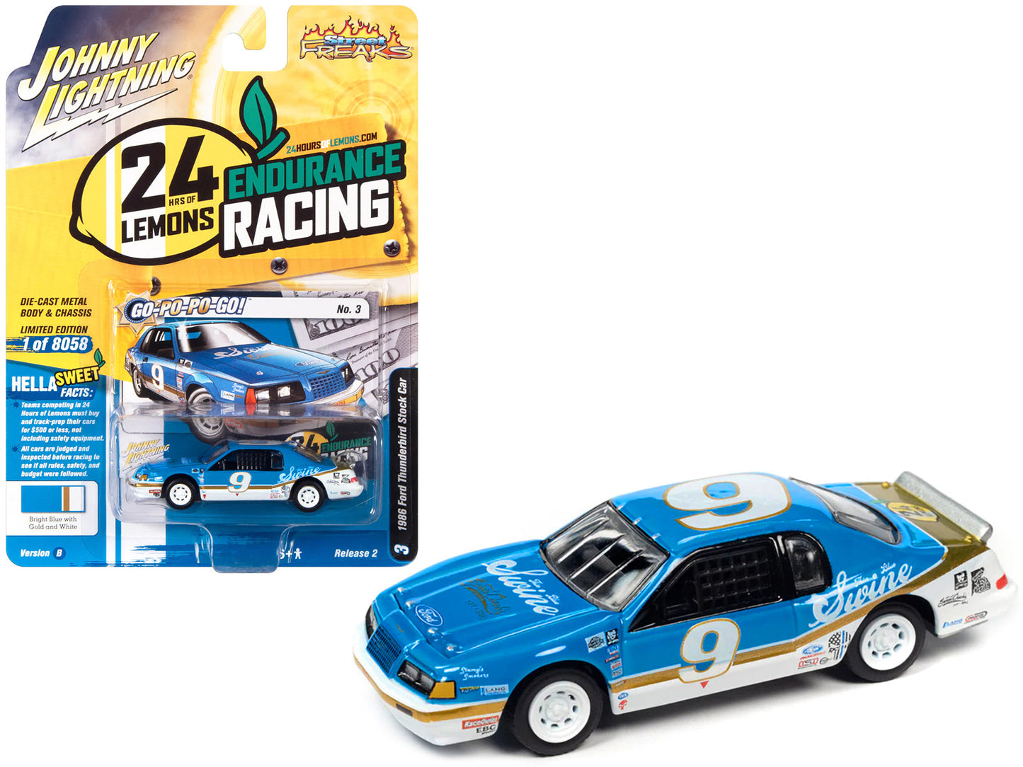 1986 Ford Thunderbird Stock Car #9 Bright Blue "Go-Po-Po-Go!" 24 Hours of Lemons "Street Freaks" Series Limited Edition to 8058 pieces Worldwide 1/64 Diecast Model Car by Johnny Lightning free shipping USA