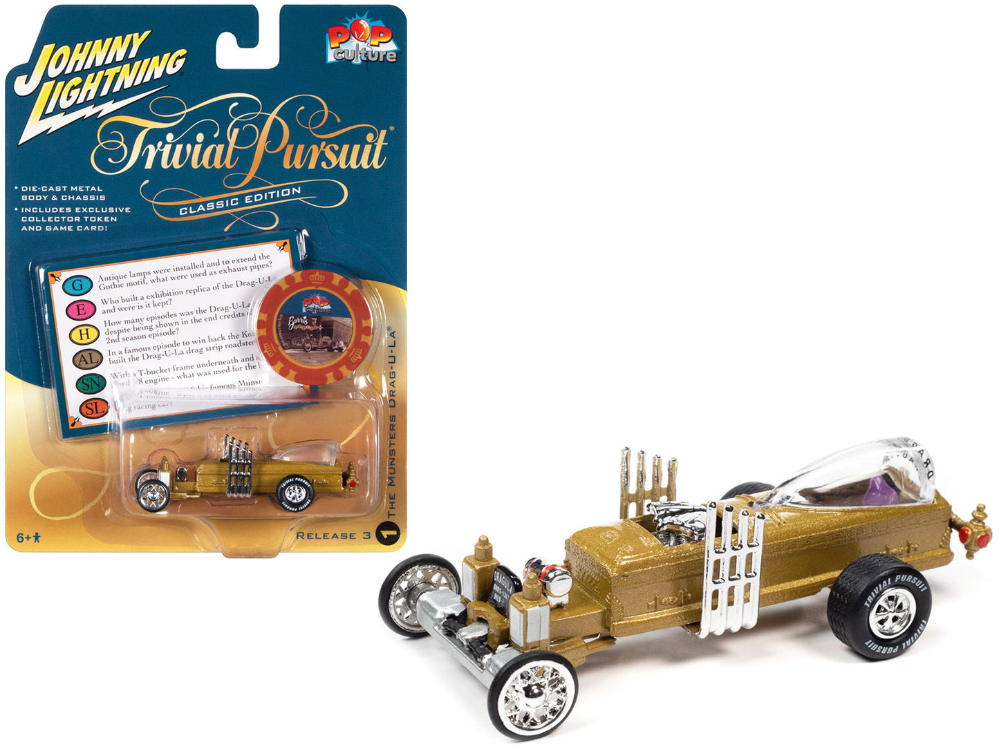 Barris Drag-U-La "The Munsters" "Trivia Pursuit" with Poker Chip Collector's Token and Game Card "Pop Culture" 2022 Release 3 1/64 Diecast Model Car by Johnny Lightning free shipping USA