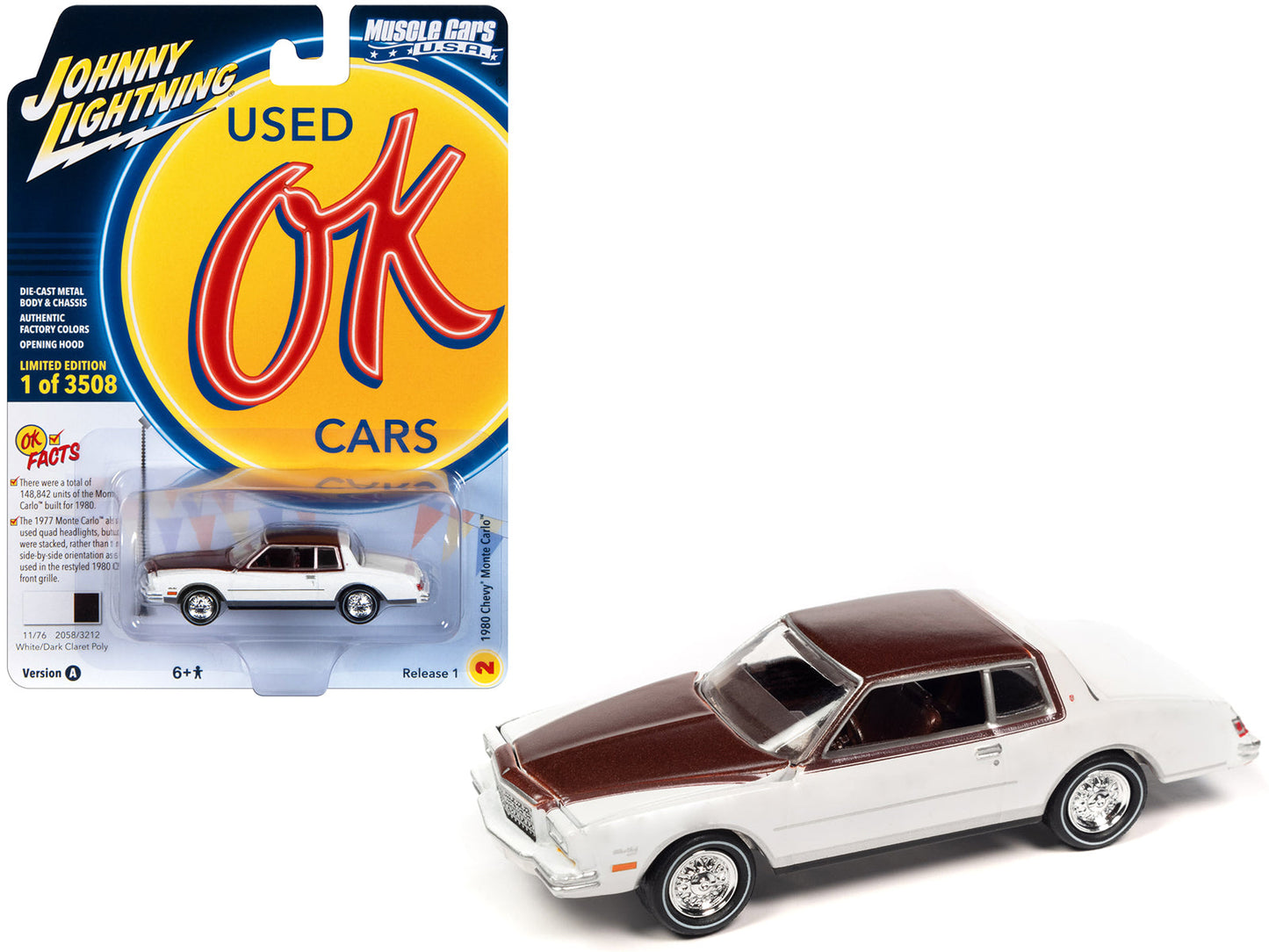 1980 Chevrolet Monte Carlo White and Dark Claret Brown Metallic Top and Hood Limited Edition to 3508 pieces Worldwide "OK Used Cars" 2023 Series 1/64 Diecast Model Car by Johnny Lightning free shipping USA