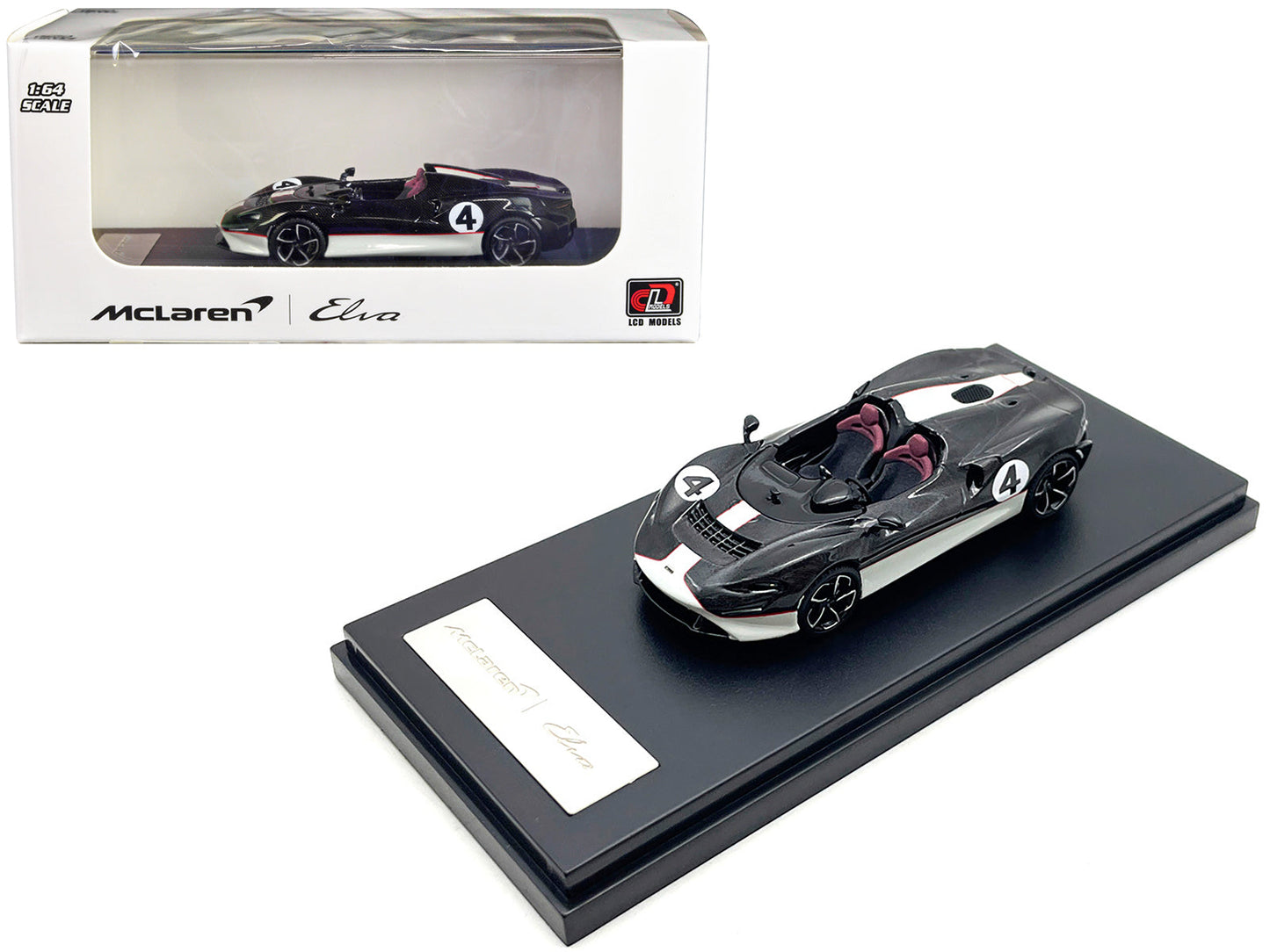 McLaren Elva Convertible #4 Carbon Black with White and Red Stripes 1/64 Diecast Model Car by LCD Models free shipping USA