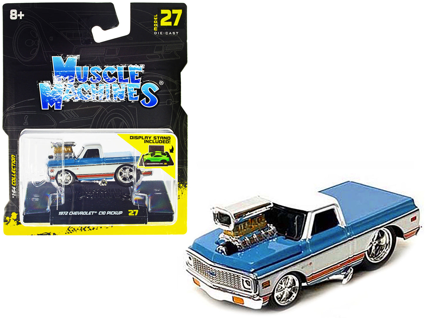 1972 Chevrolet C10 Pickup Truck Blue and White with Stripes 1/64 Diecast Model Car by Muscle Machines free shipping USA