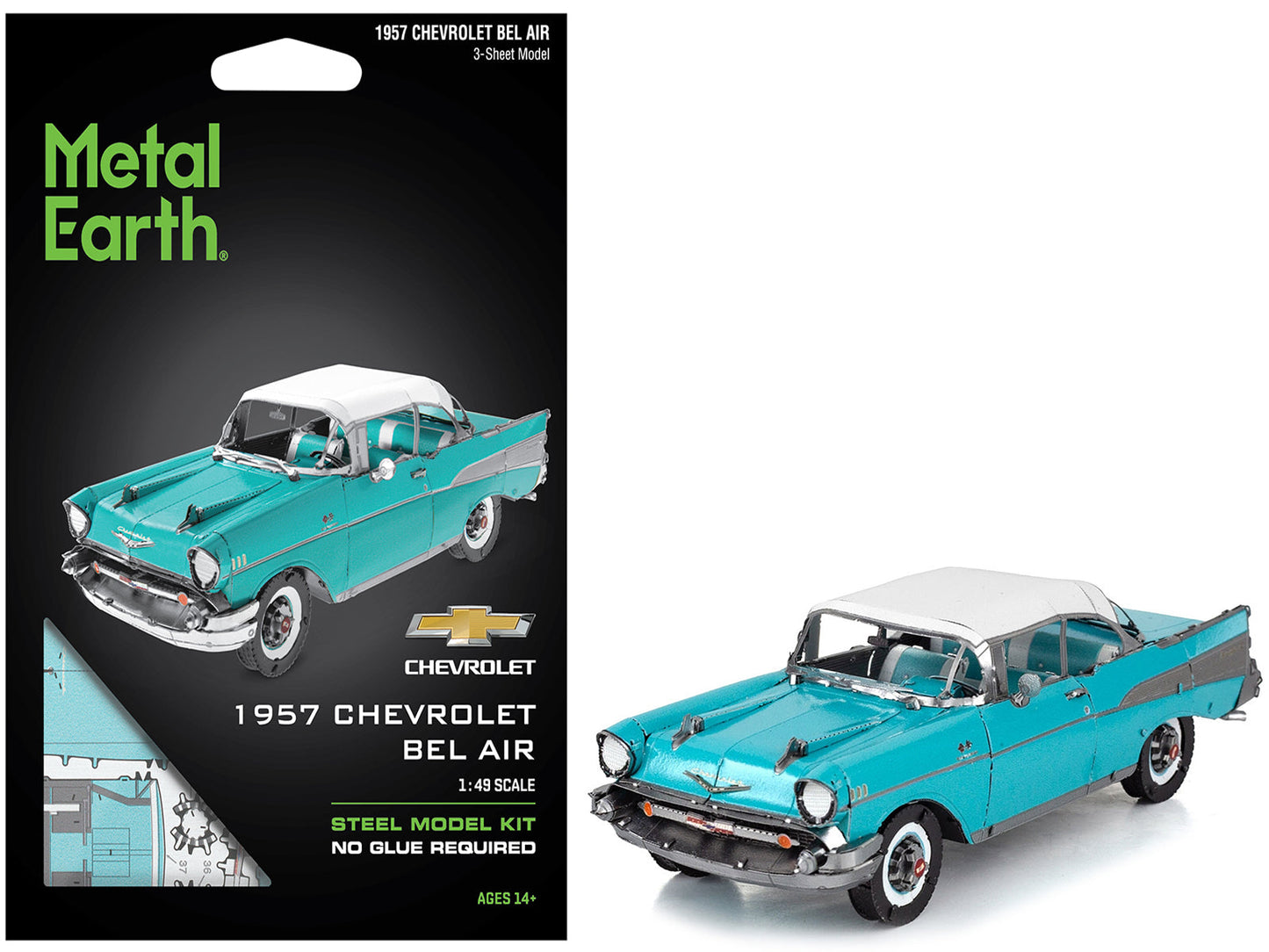 Model Kit 1957 Chevrolet Bel Air Turquoise with White Top (Challenging Difficulty) Steel Model by Metal Earth - Use code SHOPAPP15 to get 15 percent off free shipping USA