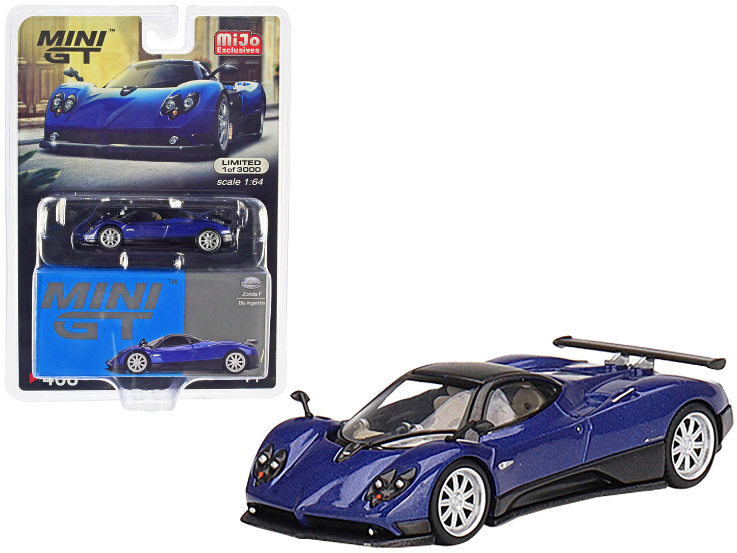 Pagani Zonda F Blu Argentina Blue Metallic with Black Top Limited Edition to 3000 pieces Worldwide 1/64 Diecast Model Car by Mini GT free shipping USA