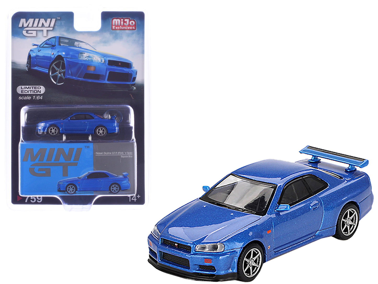 Nissan Skyline GT-R (R34) V-Spec RHD (Right Hand Drive) Bayside Blue Metallic Limited Edition 1/64 Diecast Model Car by Mini GT free shipping USA