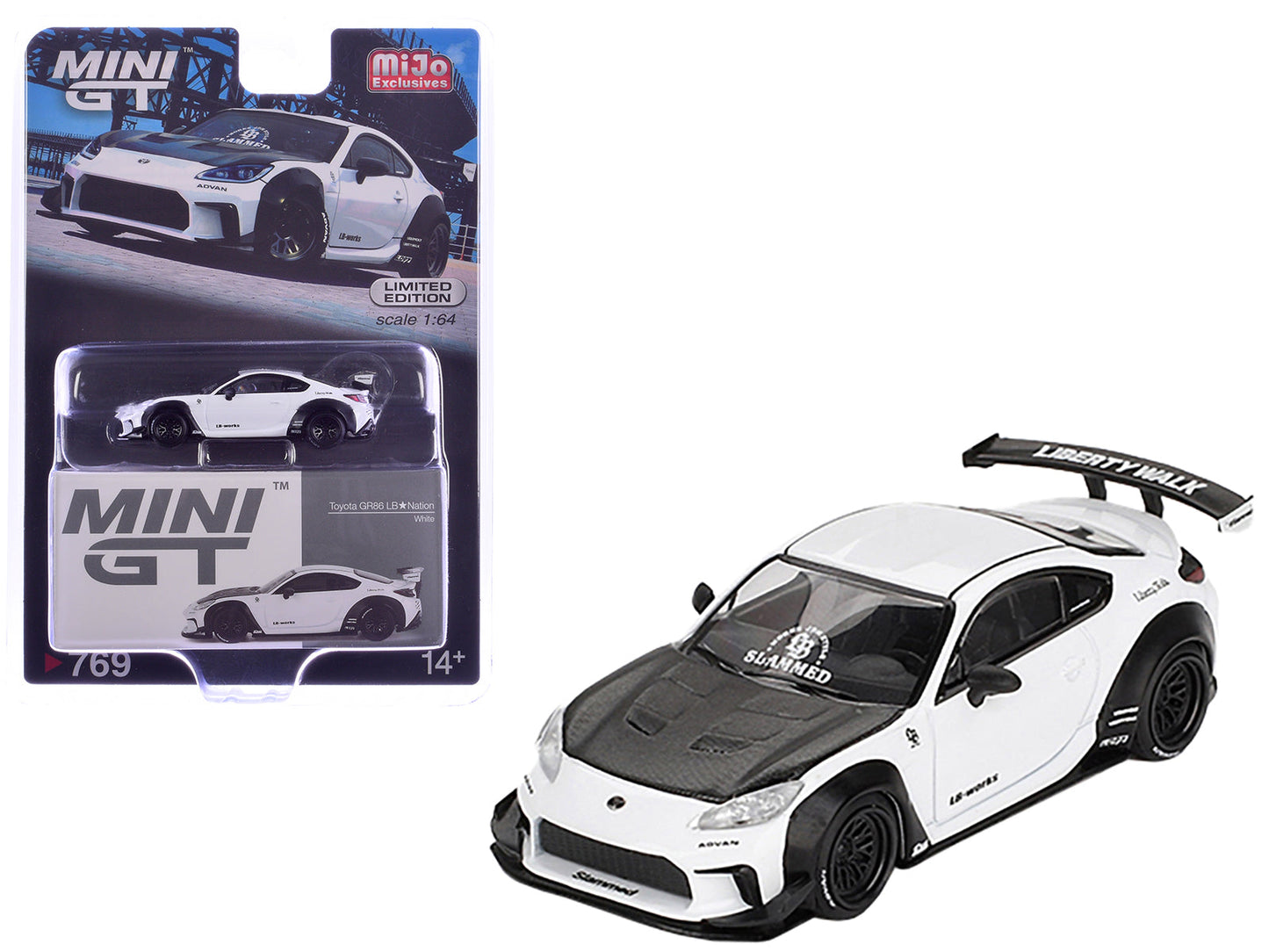 Toyota GR86 "LB-Nation - Liberty Walk" White with Carbon Hood Limited Edition 1/64 Diecast Model Car by Mini GT free shipping USA