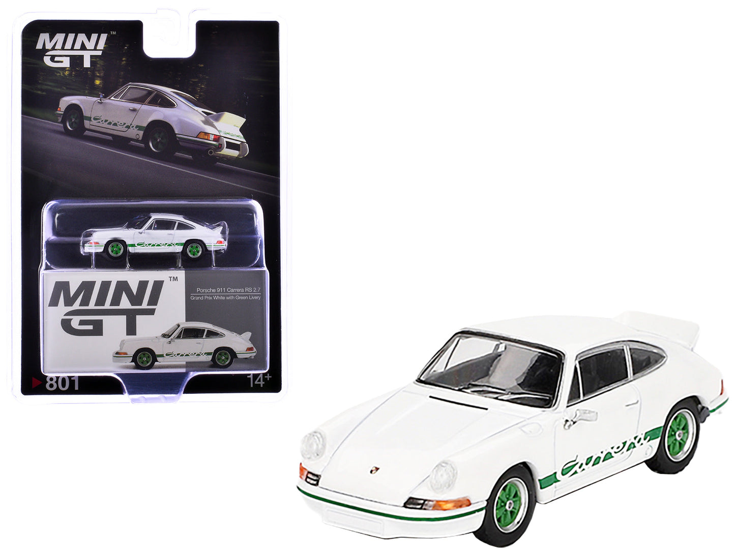 Porsche 911 Carrera RS 2.7 Grand Prix White with Green Stripes and Wheels Limited Edition 1/64 Diecast Model Car by Mini GT free shipping USA