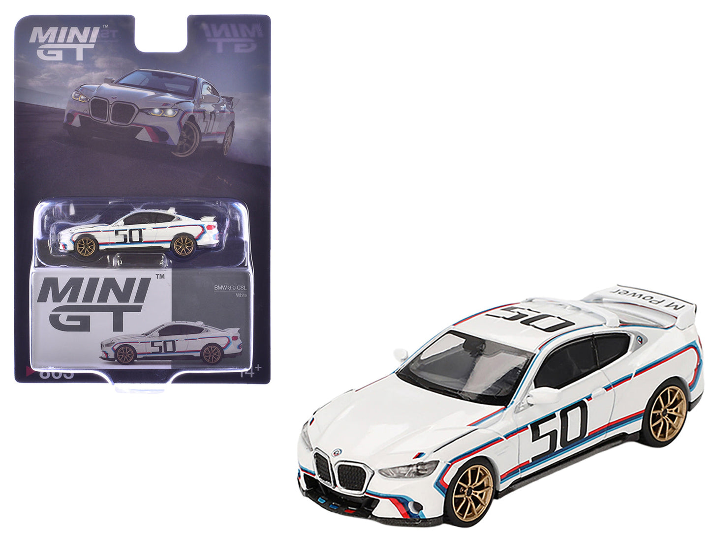 BMW 3.0 CSL #50 White with Blue and Red Stripes and Gold Wheels Limited Edition 1/64 Diecast Model Car by Mini GT free shipping USA