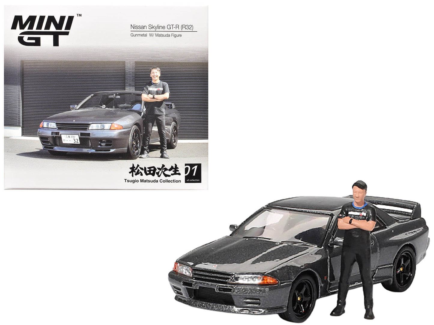 Nissan Skyline GT-R (R32) RHD (Right Hand Drive) Gunmetal Gray Metallic with Tsugio Matsuda Figure Limited Edition 1/64 Diecast Model Car by Mini GT free shipping USA