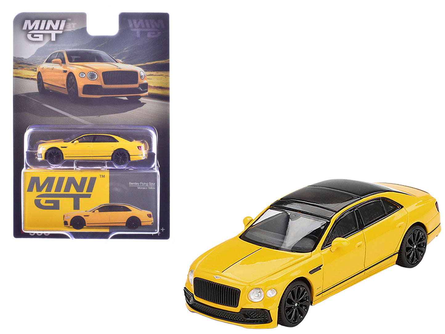 Bentley Flying Spur Monaco Yellow with Black Top Limited Edition 1/64 Diecast Model Car by Mini GT free shipping USA