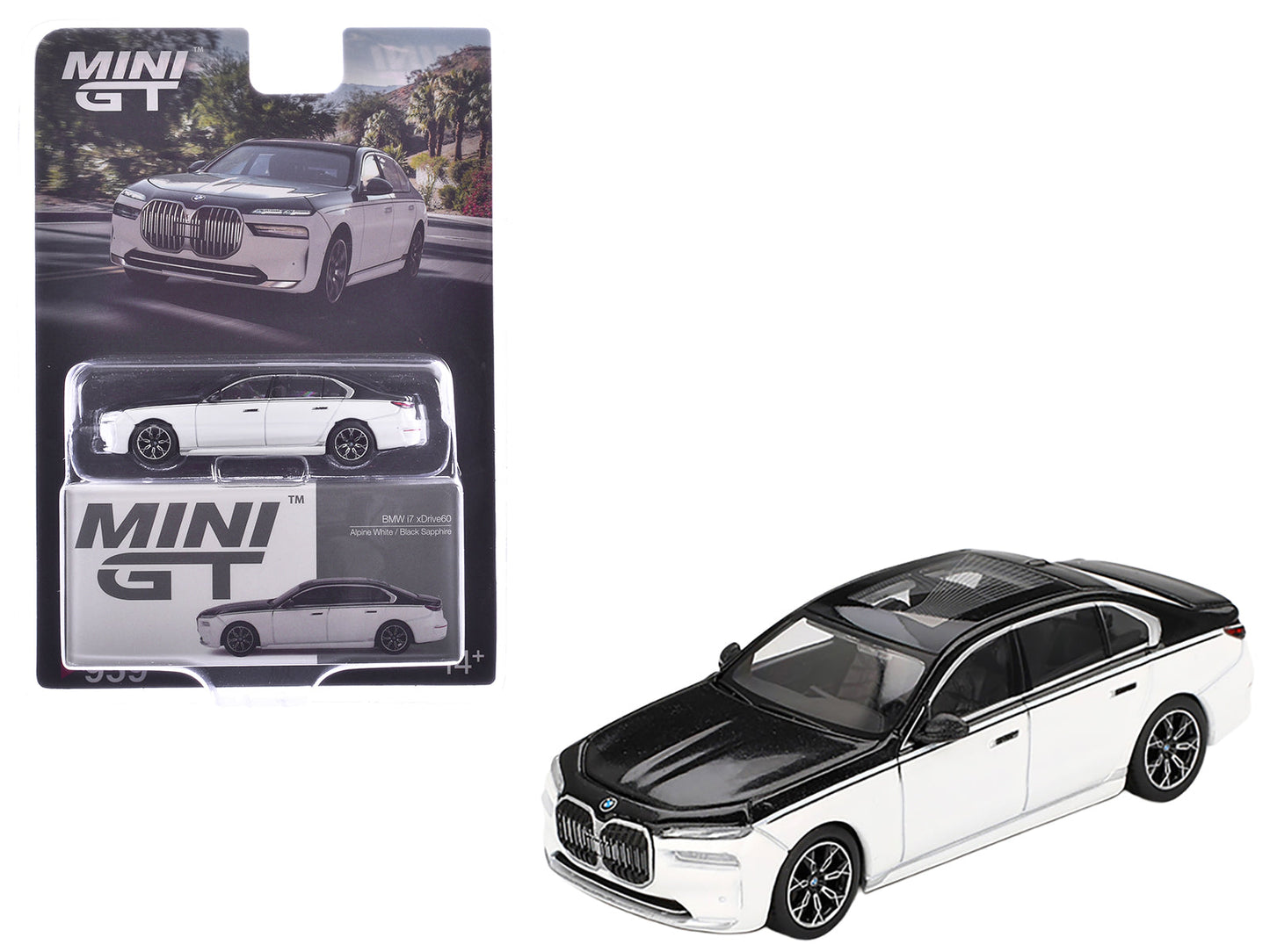 BMW i7 xDrive60 Dravit Alpine White and Black Sapphire Limited Edition 1/64 Diecast Model Car by Mini GT free shipping USA