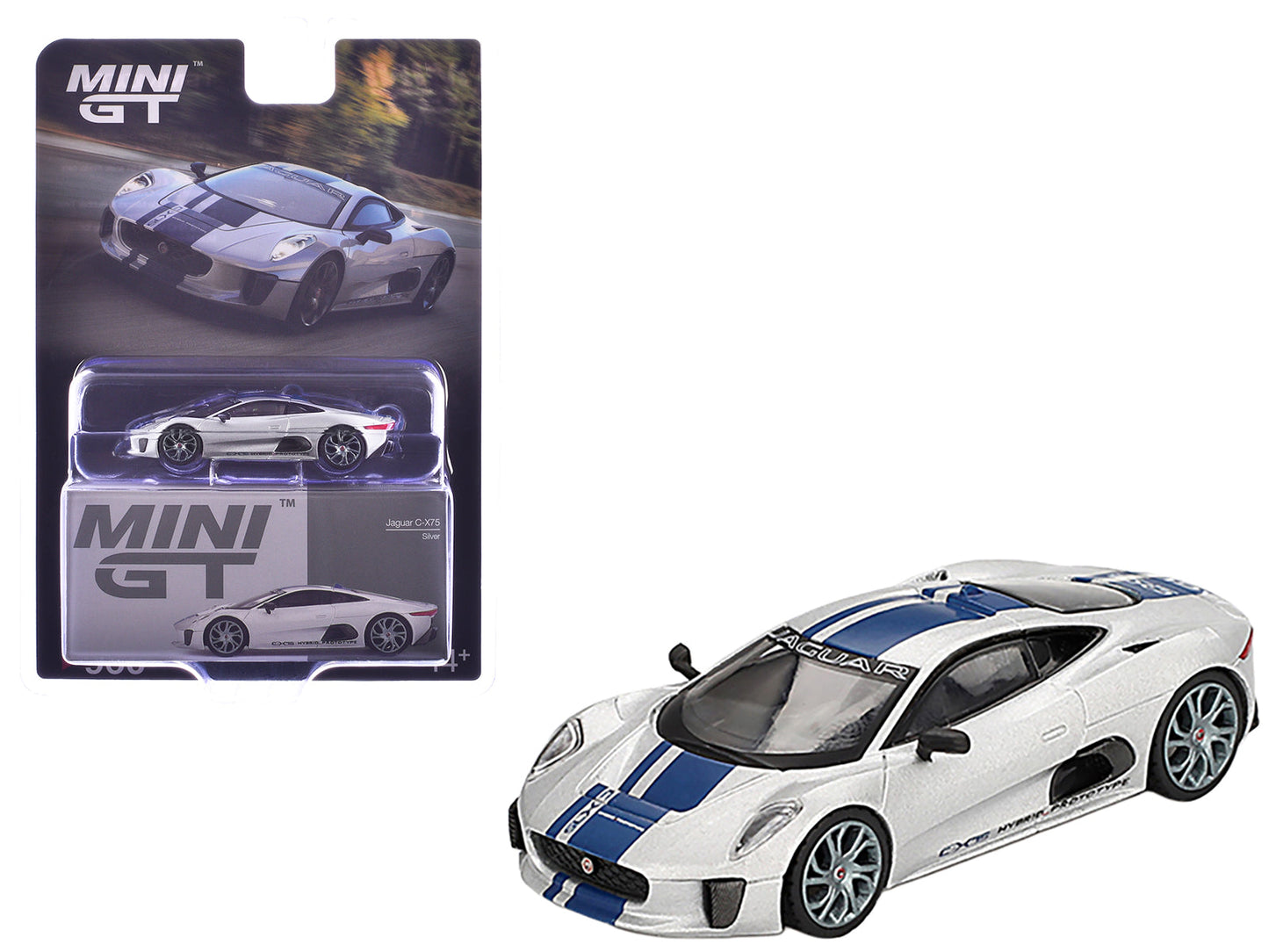 Jaguar C-X75 Silver Metallic with Blue Stripes Limited Edition 1/64 Diecast Model Car by Mini GT free shipping USA