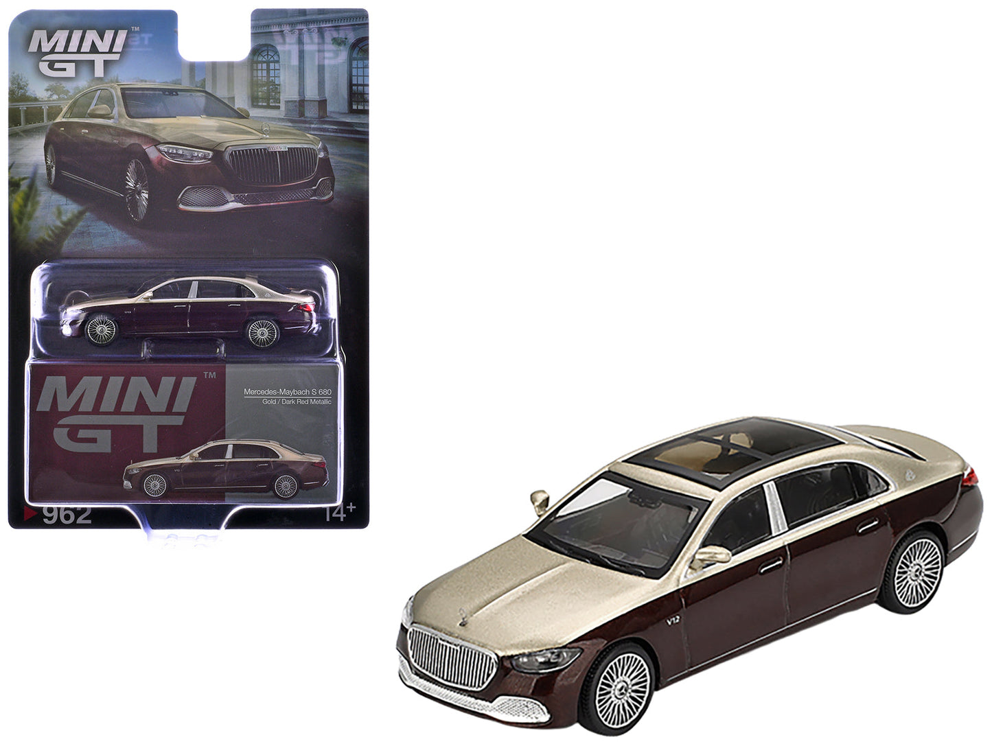 Mercedes-Maybach S 680 Gold Metallic and Dark Red Metallic Limited Edition 1/64 Diecast Model Car by Mini GT free shipping USA