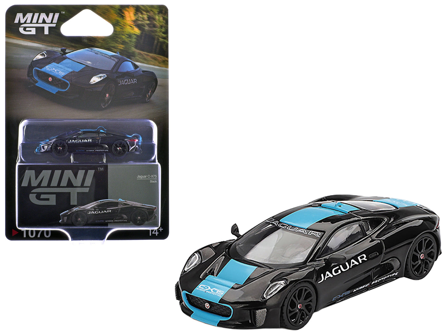 Jaguar C-X75 Black with Light Blue Stripe Limited Edition 1/64 Diecast Model Car by Mini GT free shipping USA