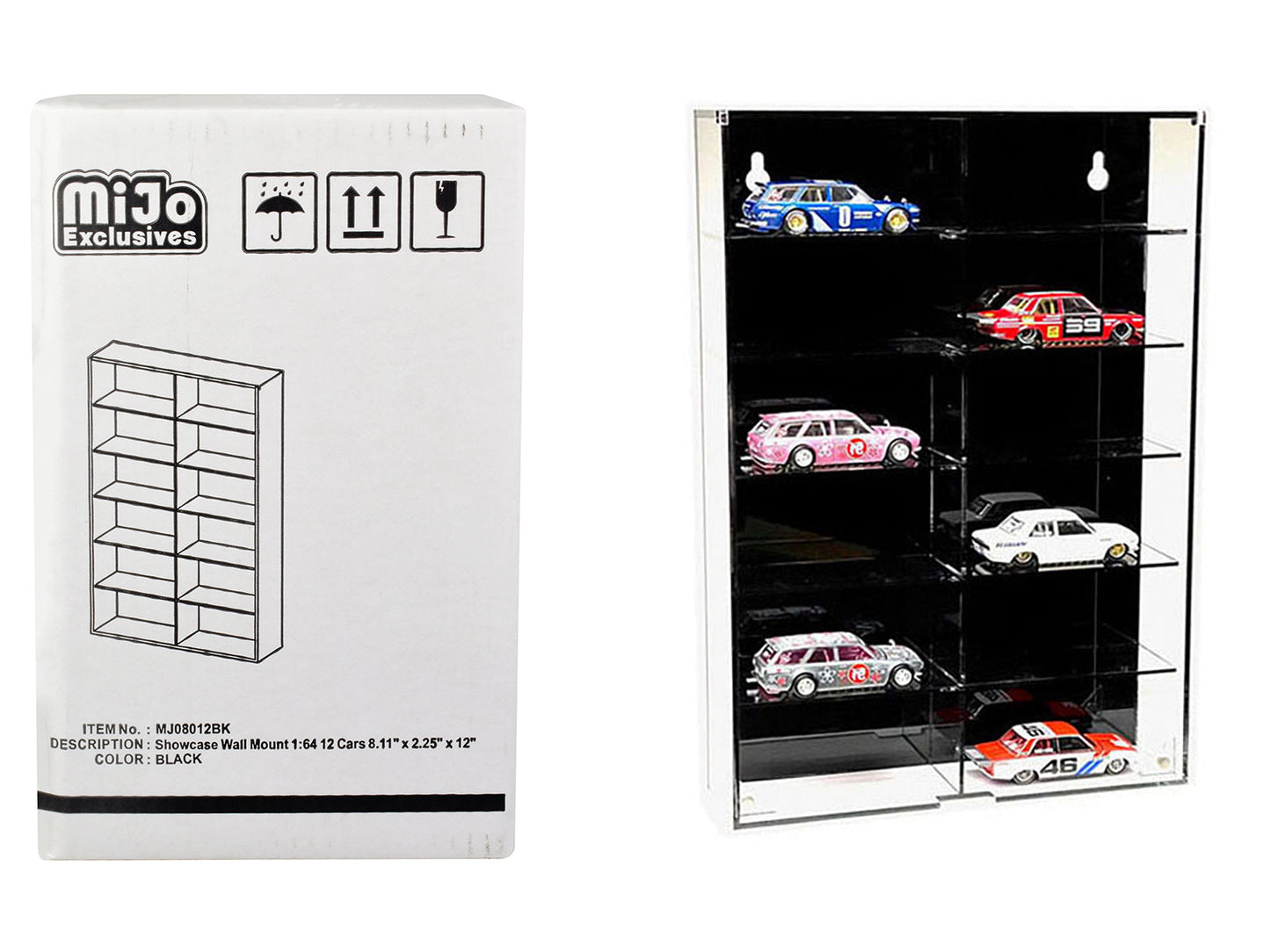 Showcase 12 Car Display Case Wall Mount with Black Back Panel "Mijo Exclusives" for 1/64 Scale Models free shipping USA