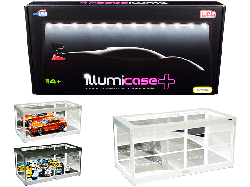 White Collectible Display Show Case Illumicase+ with LED Lights and Mirror Base and Back for 1/64 1/43 1/32 1/24 1/18 Scale Models by Illumibox free shipping USA