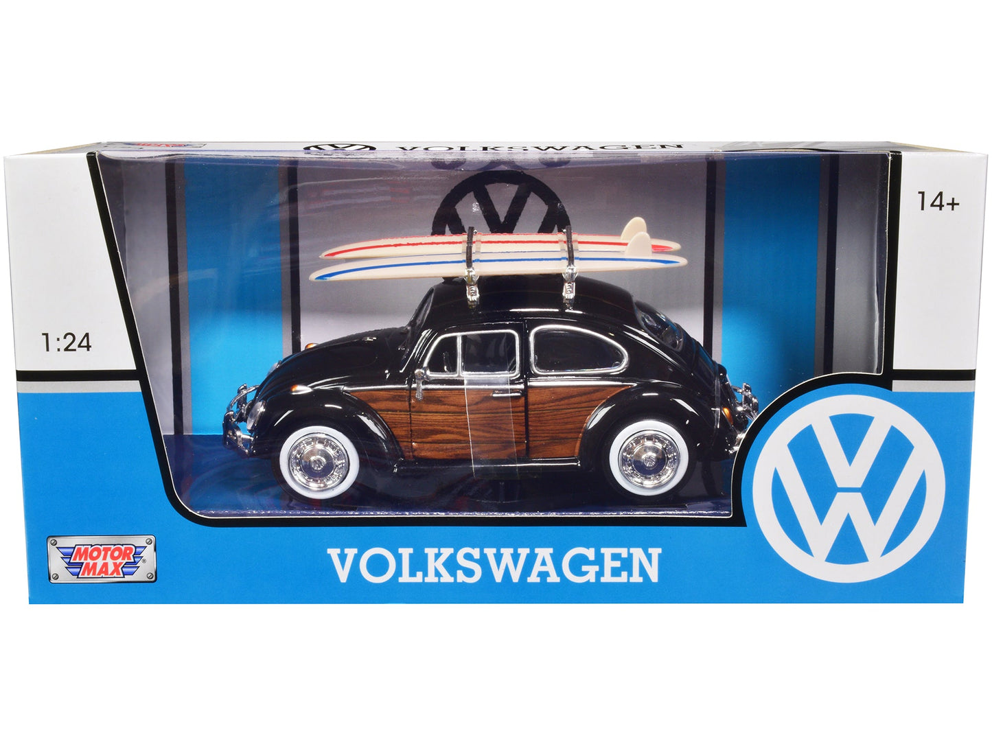 1966 Volkswagen Beetle Black with Wood Panels and Two Surfboards on Roof Rack 1/24 Diecast Model Car by Motormax free shipping USA