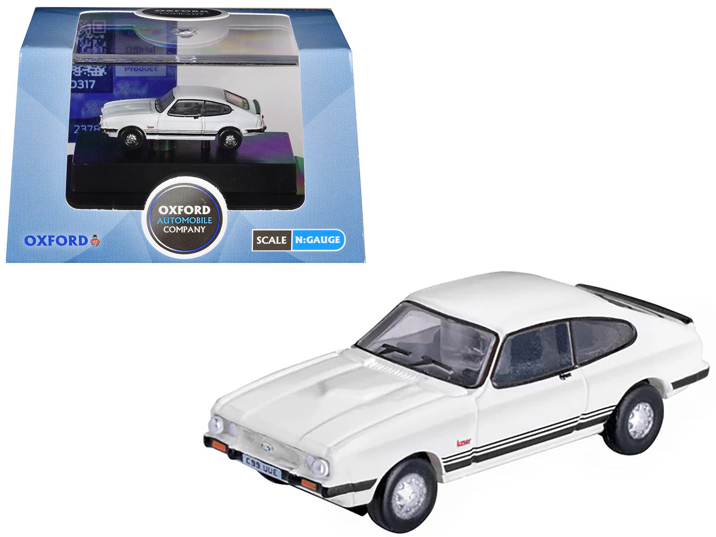 Ford Capri Mk3 RHD (Right Hand Drive) Diamond White with Black Stripes 1/148 (N) Scale Diecast Model Car by Oxford Diecast free shipping USA