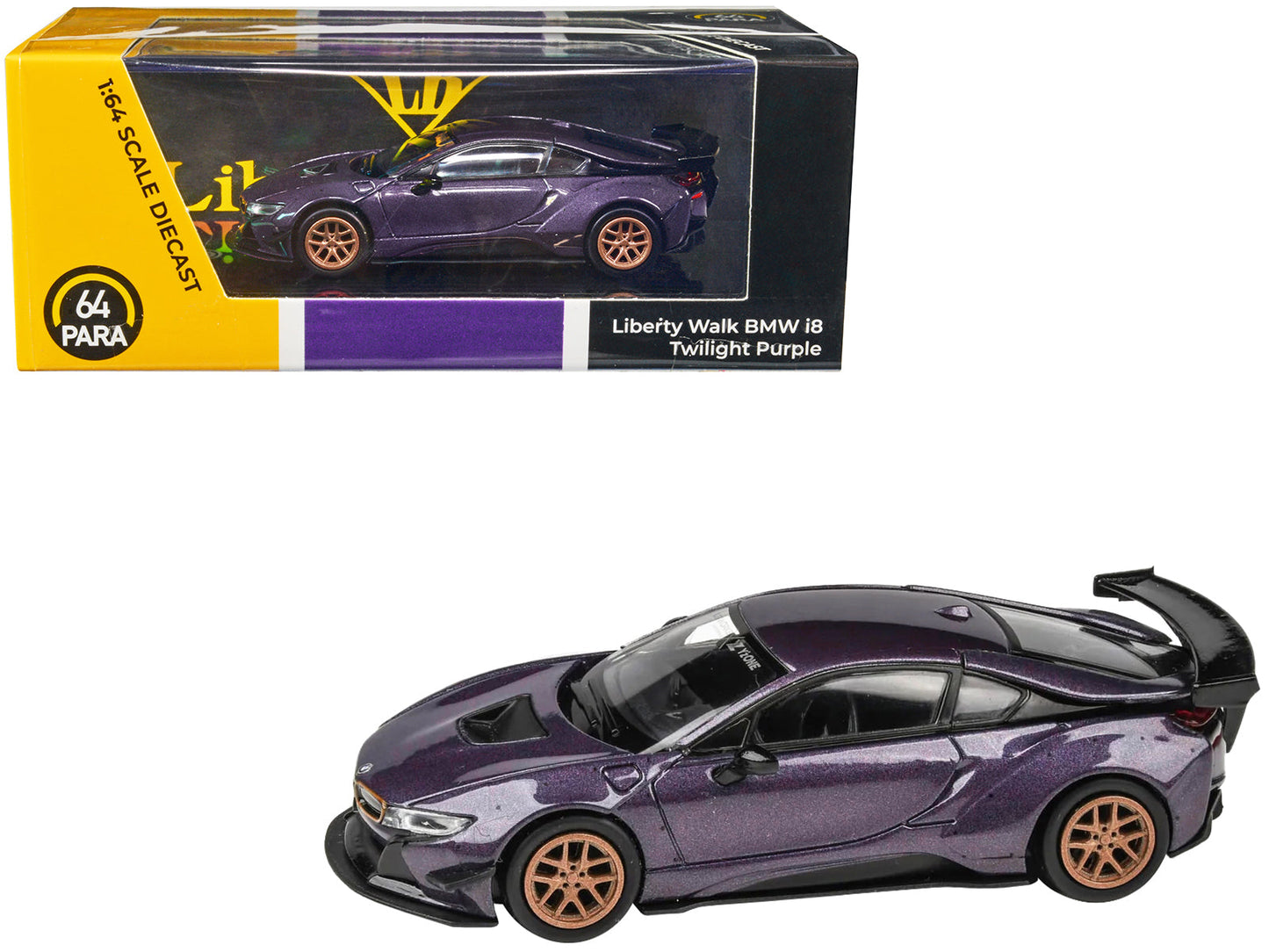 BMW i8 Liberty Walk Twilight Purple Metallic with Gold Wheels 1/64 Diecast Model Car by Paragon Models free shipping USA