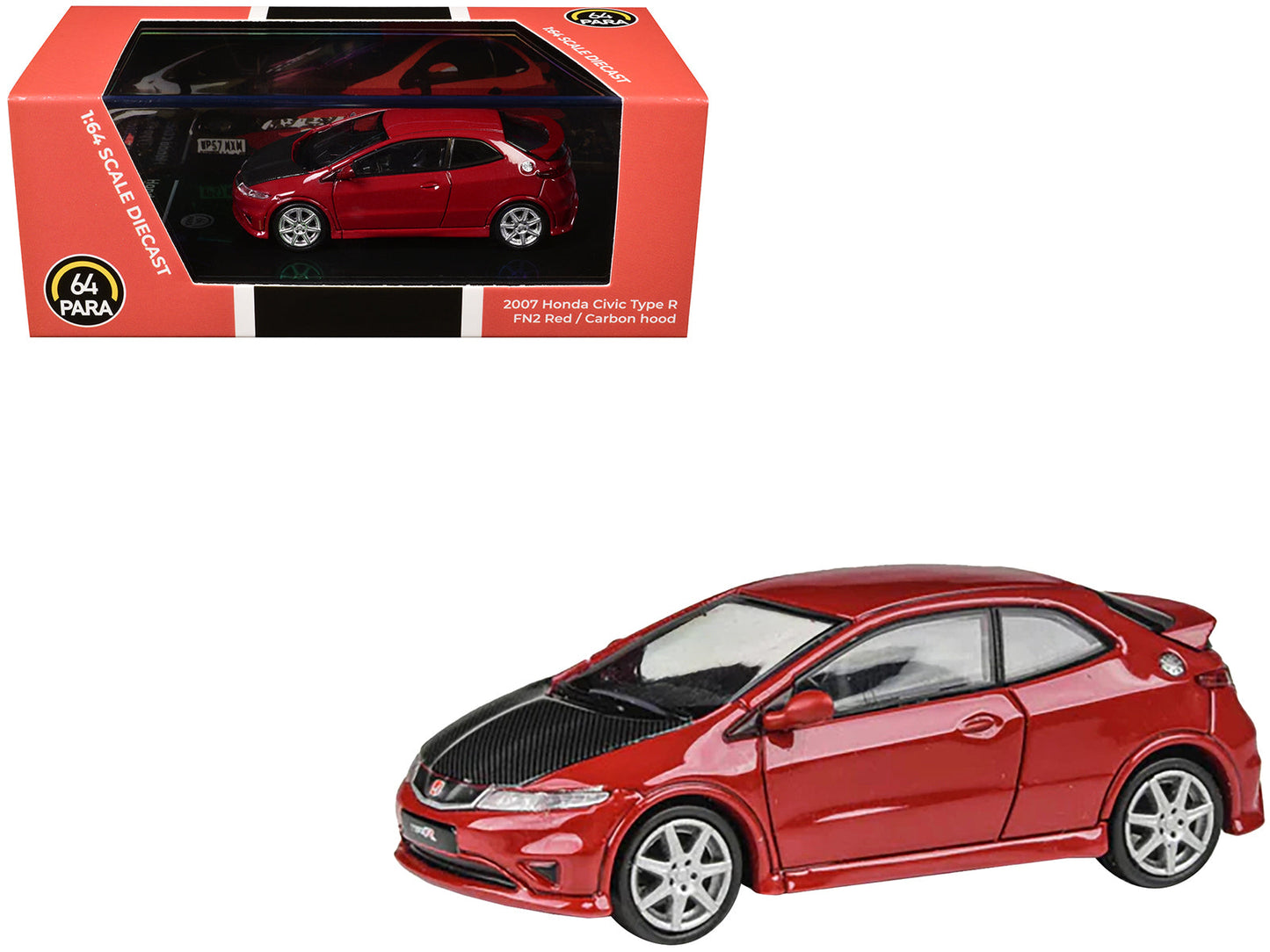 2007 Honda Civic Type R FN2 Milano Red with Carbon Hood 1/64 Diecast Model Car by Paragon Models free shipping USA