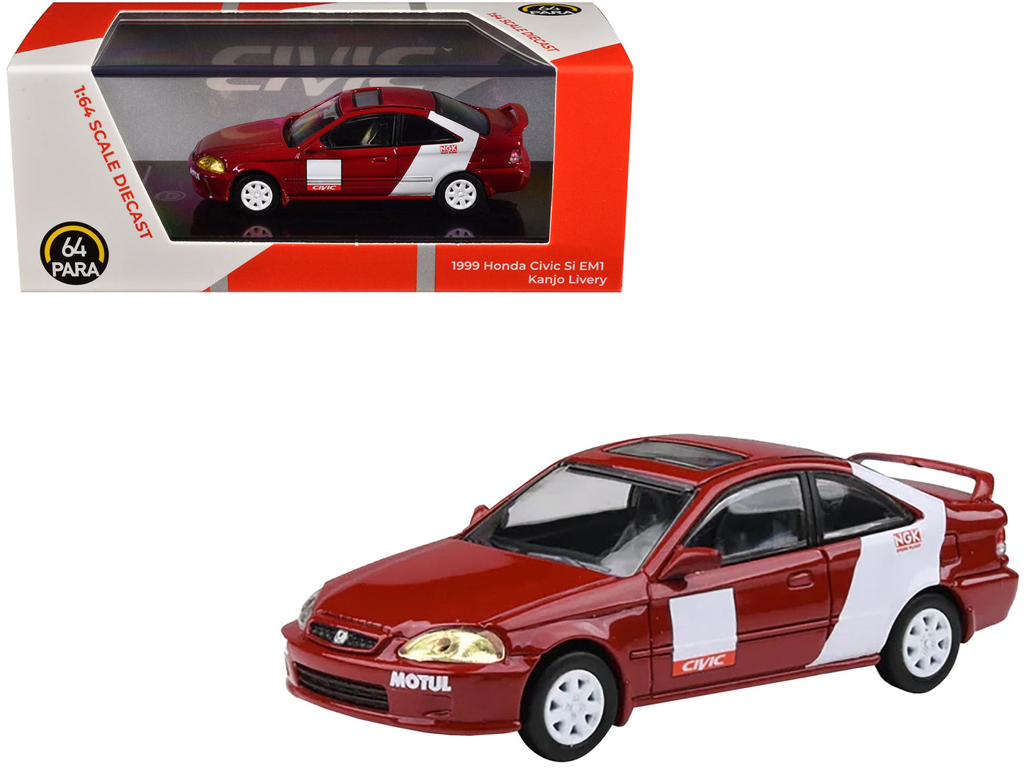 1999 Honda Civic Si EM1 "Kanjo Livery" Red with White Stripes 1/64 Diecast Model Car by Paragon Models free shipping USA