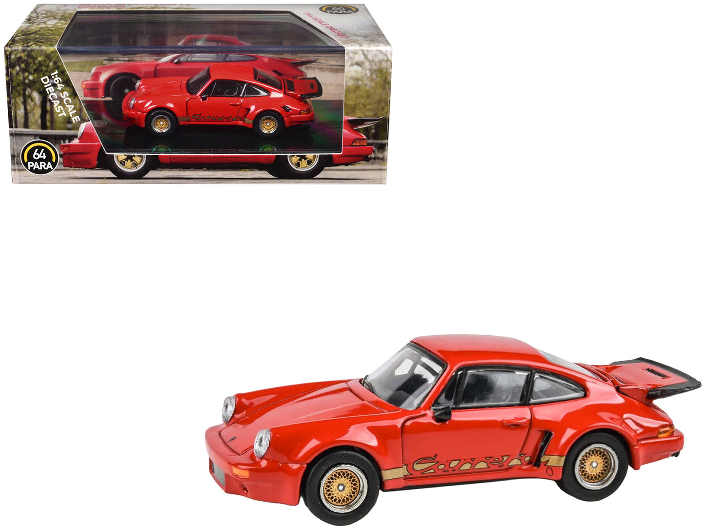Porsche 911 Carrera RSR 3.0 Guards Red with Gold Stripes and Wheels 1/64 Diecast Model Car by Paragon Models free shipping USA