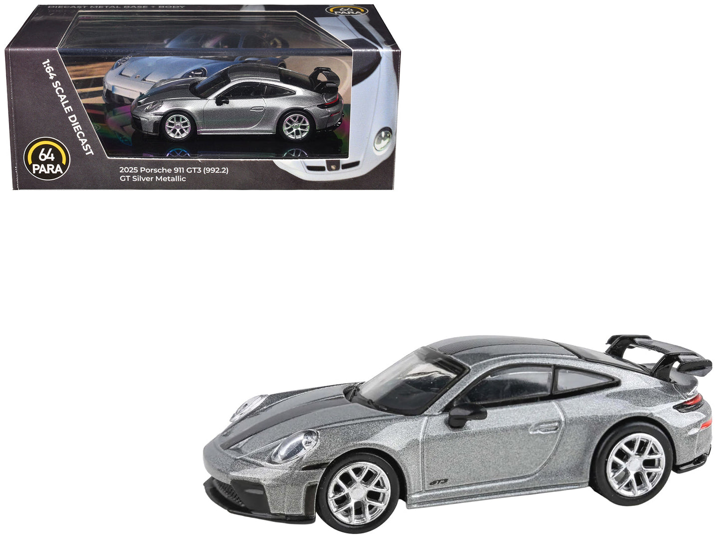 2025 Porsche 911 GT3 (992.2) GT Silver Metallic with Carbon Stripe 1/64 Diecast Model Car by Paragon Models free shipping USA