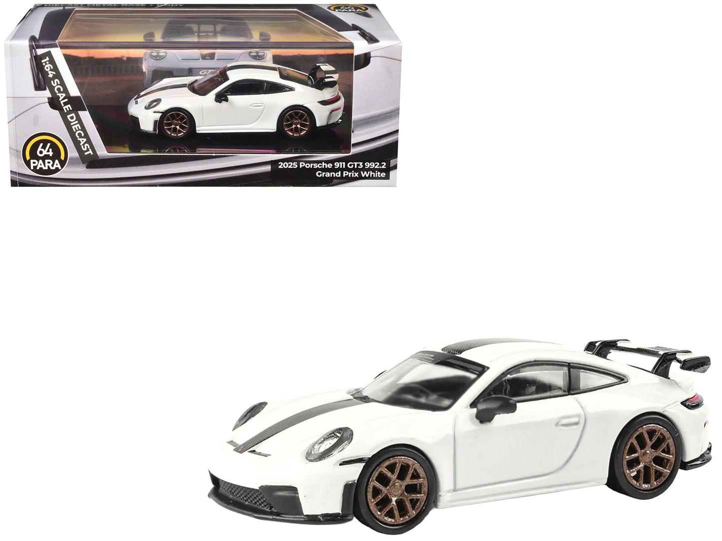 2025 Porsche 911 GT3 (992.2) Grand Prix White with Carbon Stripe 1/64 Diecast Model Car by Paragon free shipping USA