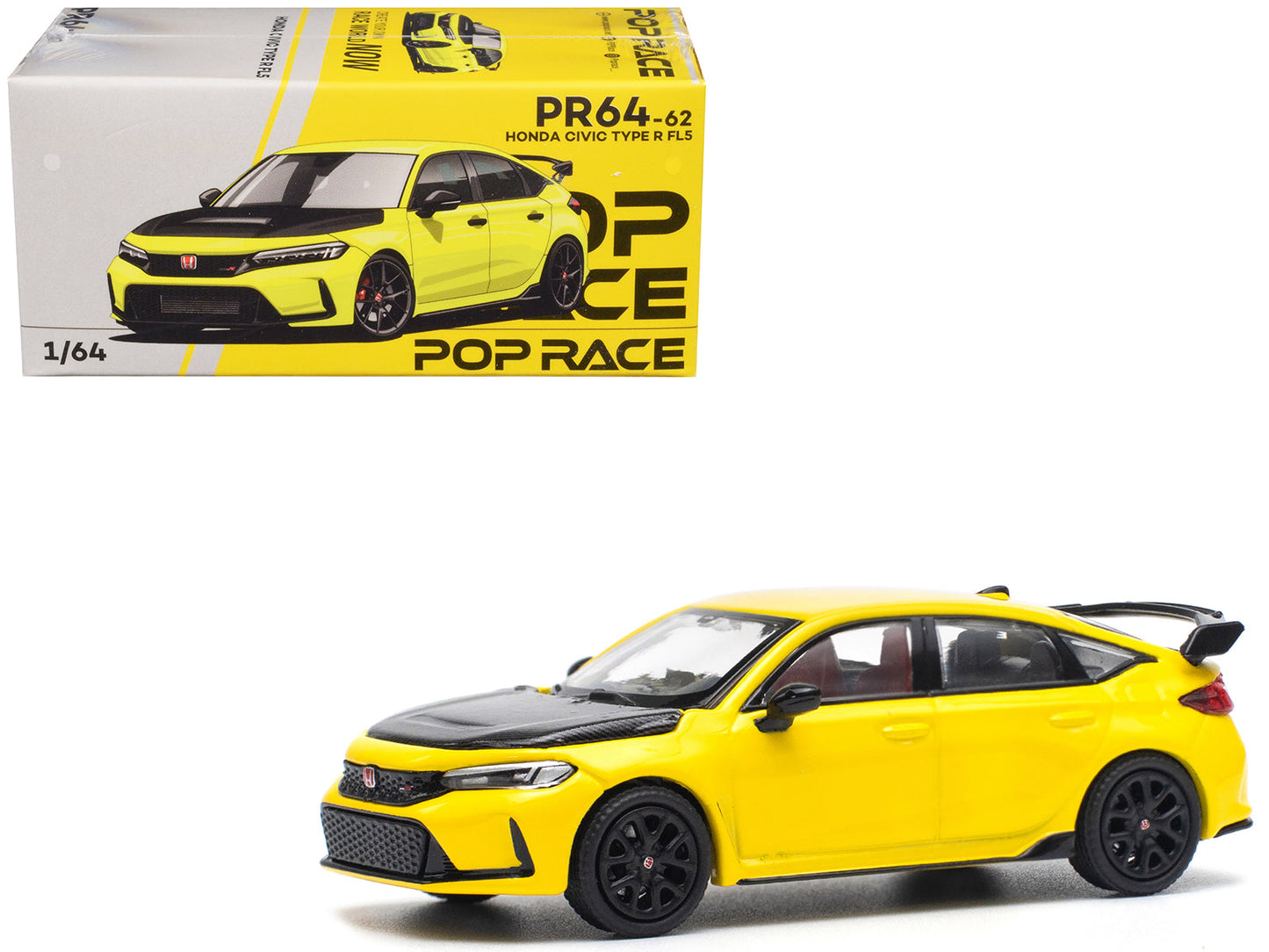Honda Civic Type R FL5 Yellow with Carbon Hood 1/64 Diecast Model Car by Pop Race free shipping USA